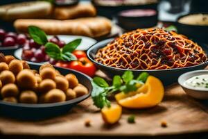 une table avec divers nourriture comprenant pain, Viande, et des légumes. généré par ai photo