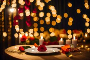 une table réglage avec bougies et des roses. généré par ai photo