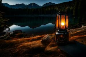 une lanterne est allumé en haut par le lumière de le lune dans de face de une lac. généré par ai photo