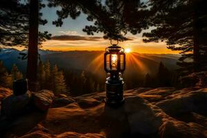 une lanterne est allumé en haut à le coucher du soleil dans le montagnes. généré par ai photo