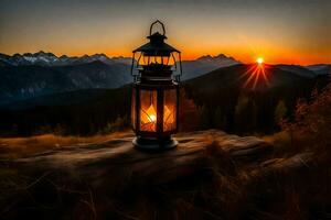 le lanterne, coucher de soleil, montagnes, paysage, HD fond d'écran. généré par ai photo