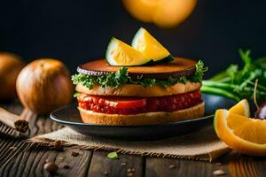 une sandwich avec des légumes et tomates sur une plaque. généré par ai photo