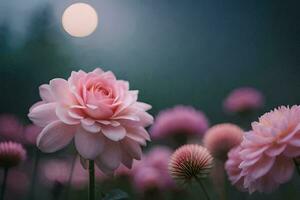 rose fleurs dans le champ avec une plein lune dans le Contexte. généré par ai photo