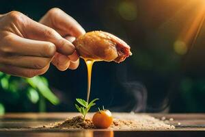 une la personne est en portant une poulet jambe avec sauce égouttage de il. généré par ai photo