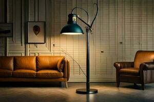 une lampe avec une bleu ombre et une marron cuir chaise. généré par ai photo
