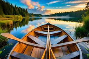 une bateau est amarré sur une Lac à le coucher du soleil. généré par ai photo