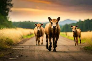 Trois marron vaches en marchant vers le bas une saleté route. généré par ai photo