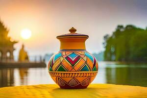 une coloré vase séance sur une Jaune chiffon. généré par ai photo