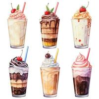aquarelle dessin, ensemble de milkshakes avec fouetté crème et cerises. dans verre lunettes, ancien style, rétro. café décoration photo