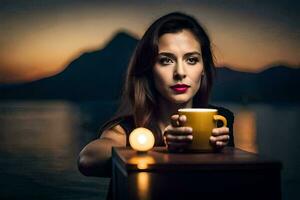 une femme en portant une tasse de café dans de face de une lac. généré par ai photo