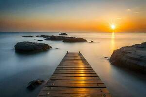 une en bois Dock pistes à le océan à le coucher du soleil. généré par ai photo