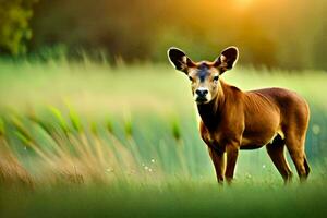 une cerf est permanent dans le herbe. généré par ai photo