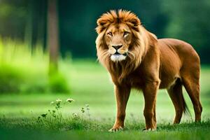 une Lion est permanent dans le herbe. généré par ai photo