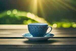 une tasse de café sur une en bois table dans le Matin. généré par ai photo