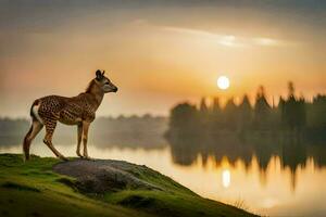 une cerf des stands sur le bord de une Lac à le coucher du soleil. généré par ai photo