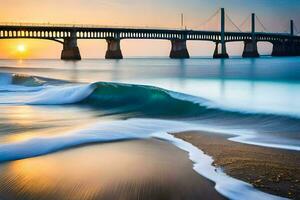 une pont plus de le océan à le coucher du soleil. généré par ai photo