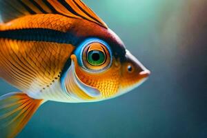 une proche en haut de une poisson avec brillant yeux. généré par ai photo