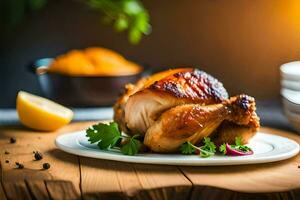 une rôti poulet sur une assiette avec herbes et des légumes. généré par ai photo