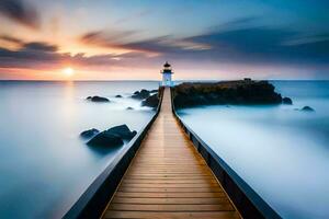 une longue exposition photographier de une phare à le coucher du soleil. généré par ai photo