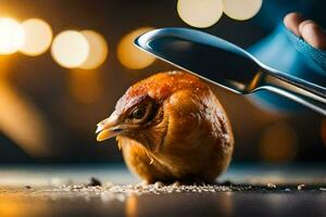 une poulet est étant tenue par une fourchette et couteau. généré par ai photo