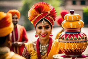 une femme dans traditionnel Indien tenue est souriant et en portant une pot. généré par ai photo