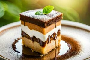 une pièce de gâteau sur une assiette avec une vert feuille. généré par ai photo