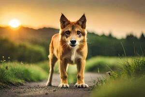 une chien est permanent sur une route à le coucher du soleil. généré par ai photo