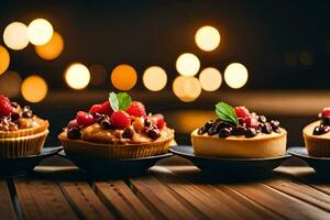 quatre mini desserts sur une en bois tableau. généré par ai photo