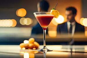 une cocktail séance sur une bar avec deux Hommes dans combinaisons. généré par ai photo