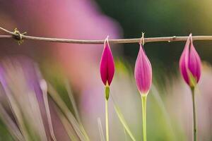 Trois rose fleurs sur une branche. généré par ai photo