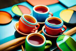 coloré tasses et soucoupes sur une tableau. généré par ai photo