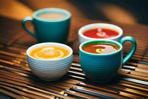 Trois tasses de thé asseoir sur une bambou tapis. généré par ai photo