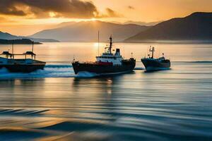 Trois bateaux dans le l'eau à le coucher du soleil. généré par ai photo