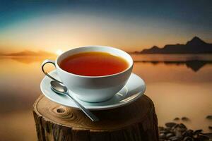 une tasse de thé sur une en bois souche. généré par ai photo