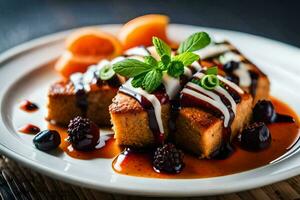 une assiette surmonté avec une pièce de gâteau et fruit. généré par ai photo