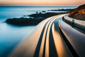 une longue exposition photographier de une Autoroute avec une voiture conduite sur il. généré par ai photo