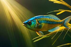 une poisson avec brillant bleu et Jaune rayures. généré par ai photo