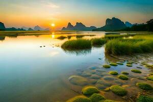 le Soleil ensembles plus de une rivière et montagnes dans Chine. généré par ai photo