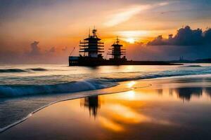 une navire est sur le plage à le coucher du soleil. généré par ai photo