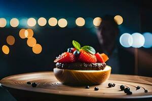 une dessert sur une en bois assiette avec une homme dans le Contexte. généré par ai photo