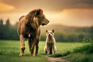 une Lion et une chien permanent dans une champ. généré par ai photo