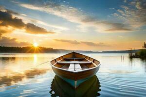 le bateau est flottant sur le calme Lac à le coucher du soleil. généré par ai photo