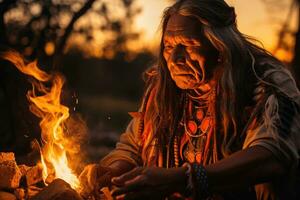 originaire de américain aîné raconter tribal contes autour une crépitement Feu à crépuscule photo