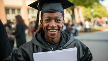 sans abri jeunesse fièrement affichage l'obtention du diplôme casquette après surmonter innombrable défis photo