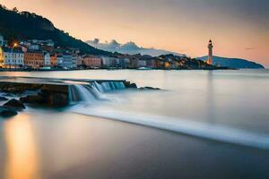 une longue exposition photographier de une l'eau tomber et une phare à le coucher du soleil. généré par ai photo