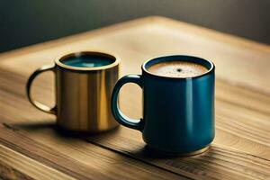 deux bleu et or des tasses sur une en bois tableau. généré par ai photo