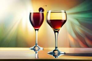 deux des lunettes de du vin sur une table avec une flou Contexte. généré par ai photo
