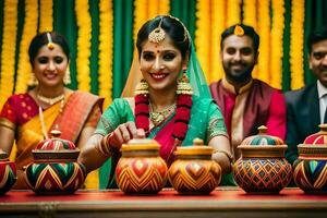 une la mariée et jeune marié dans traditionnel Indien tenue. généré par ai photo