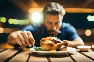 une homme est en mangeant une poulet sur une plaque. généré par ai photo