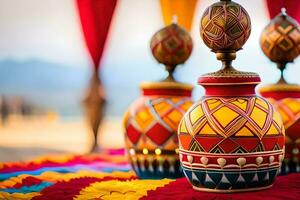 Trois coloré des vases sur une coloré nappe de table. généré par ai photo